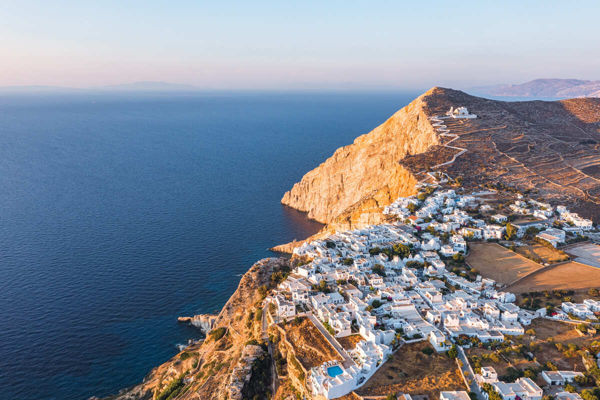 Aerial View Of Chora, The Main Town In Folegandros, An Island In The Cyclades Of Greece, Southern Europe